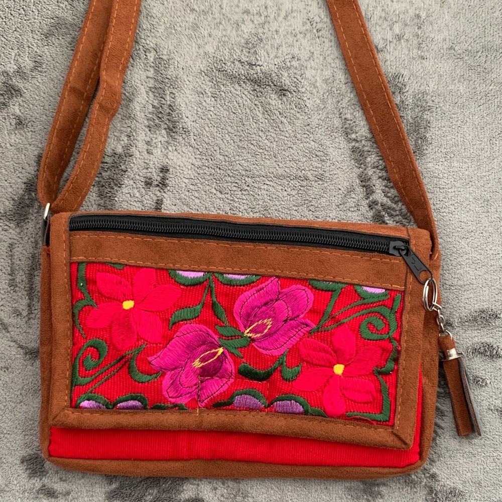 Floral Embroidered Brown and Red Women's Bag